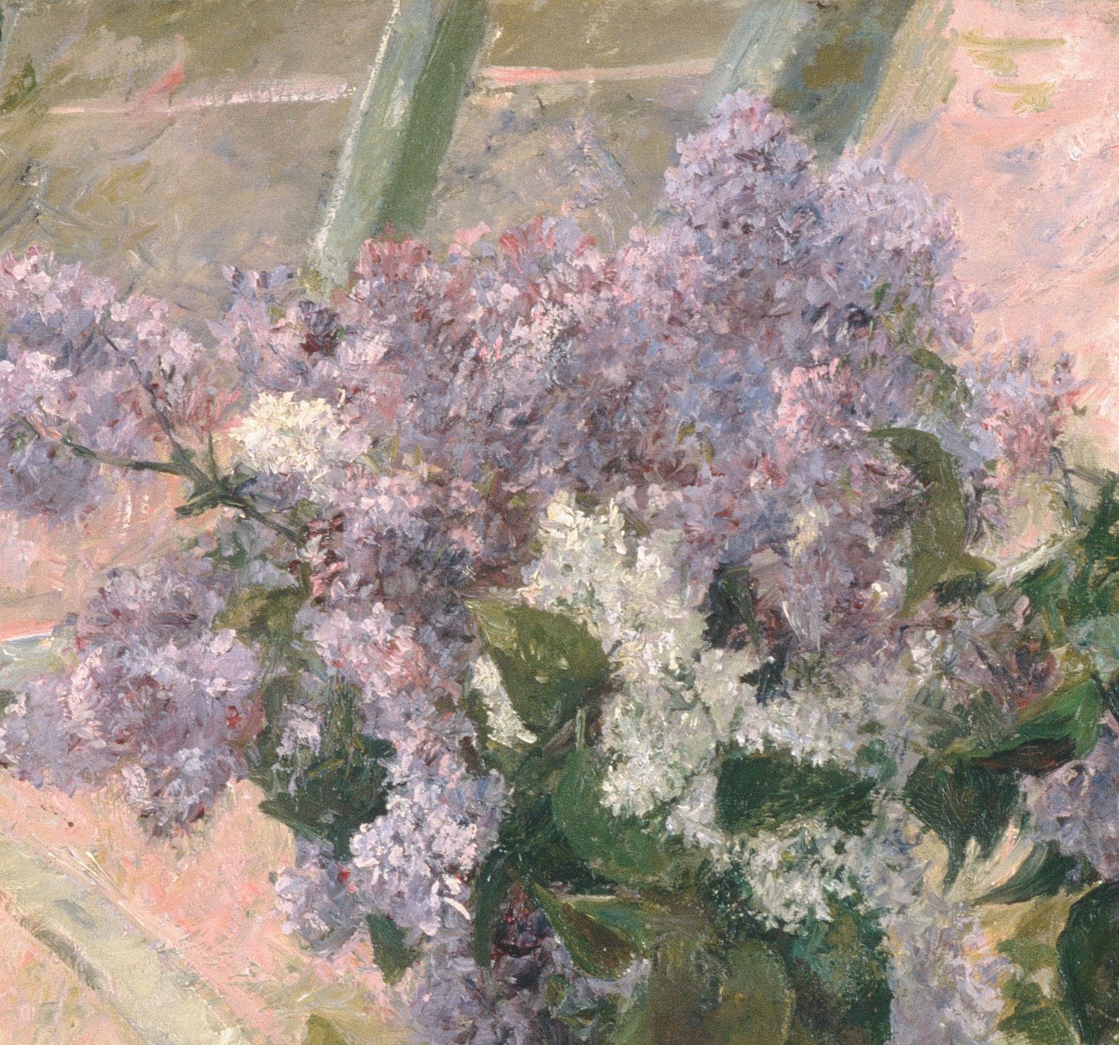 The visual heart of the painting , Cassatt renders individual florets with loose, feathery brushwork that dissolves solid form into color sensation, making the whole cluster seem to vibrate with light