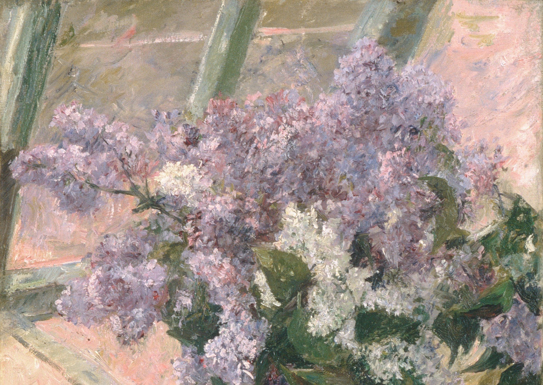 Structural geometry behind organic chaos , the grid of window mullions creates a luminous, diffused backlight that haloes the flowers, an Impressionist device borrowed from Degas