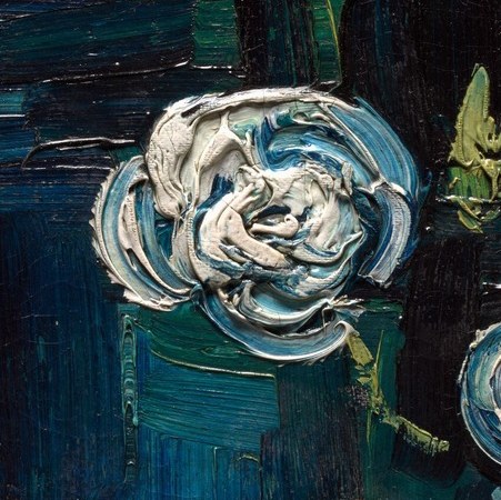He uses thick, vibrant strokes for the white roses.