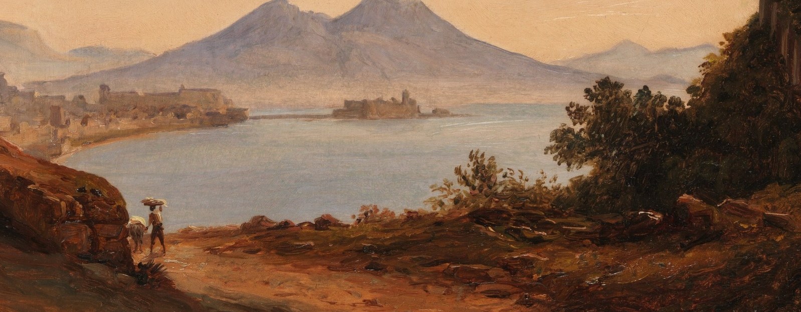 The glassy water mirrors the soft Italian sky and creates horizontal calm that contrasts with Vesuvius's vertical threat; Catel's light handling here is the painting's key technical achievement
