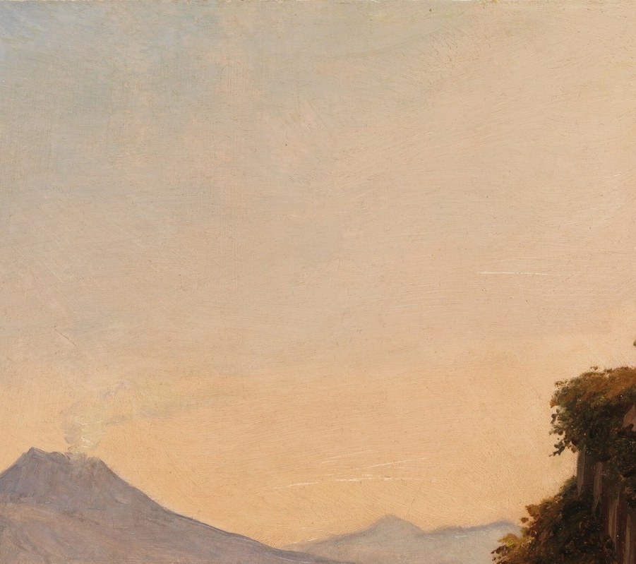 The dominant compositional anchor; its volcanic cone towers over the peaceful water below, creating the defining tension of the Grand Tour's Naples experience , beauty cohabiting with geological menace