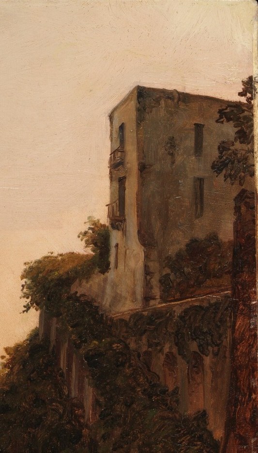 A repoussoir villa or watchtower that frames the composition; its shadowed facade and architectural detail invite close inspection , a classic device by German painters working in Italy to anchor panoramas