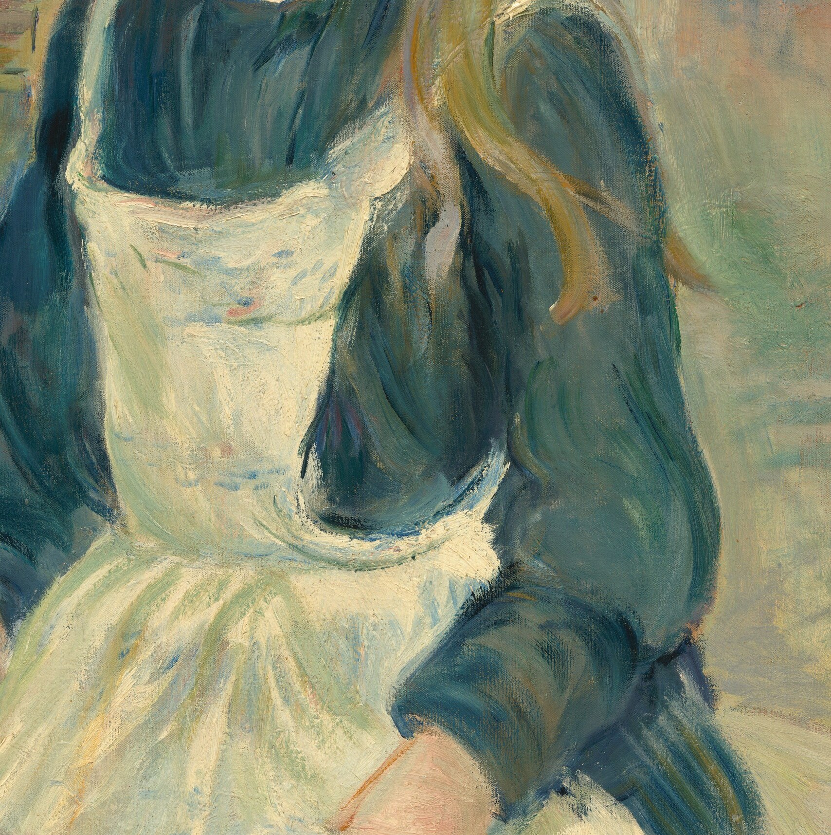 Its crisp white fabric contrasts with her dark dress, highlighting her domestic role.