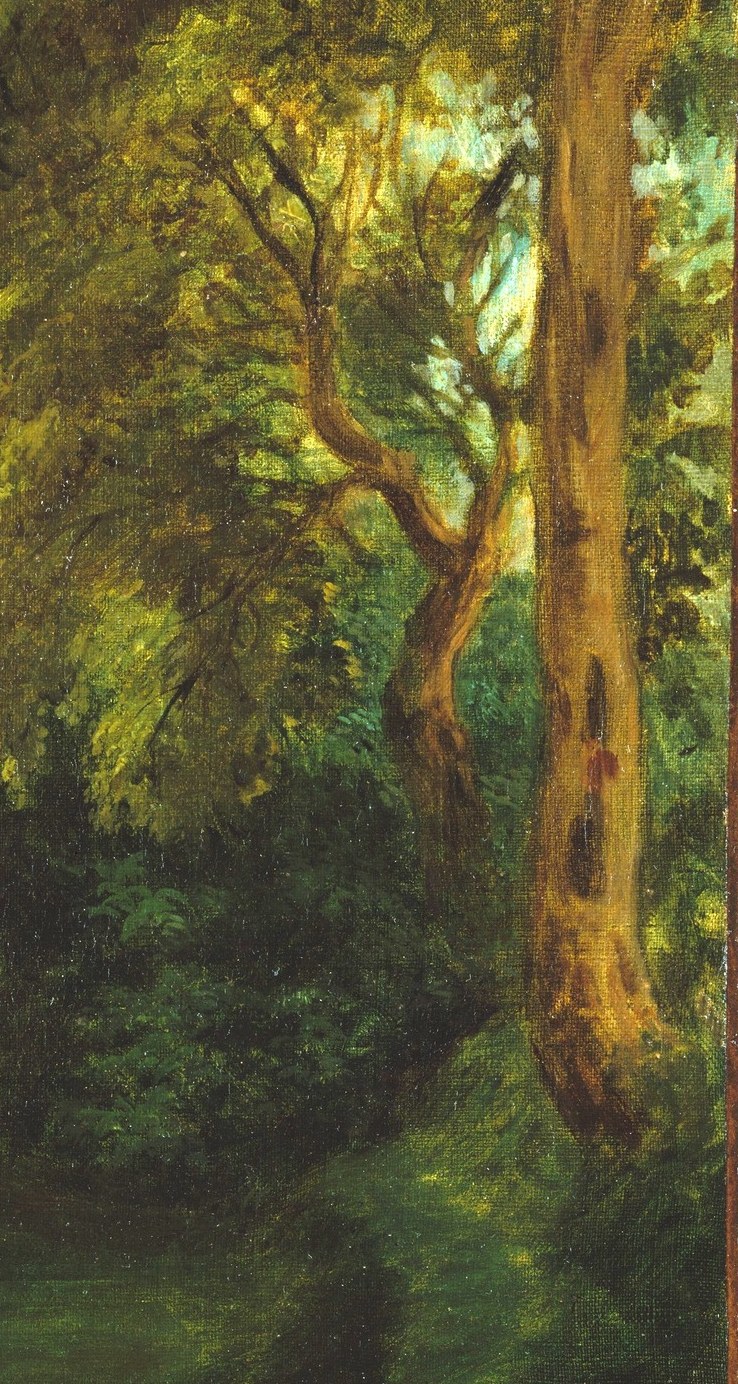 The dark forest is laid in wet-on-wet, one color dragged into another.