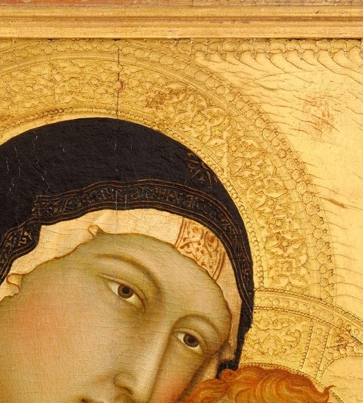 Cheek-to-cheek contact defines the eleusa (Virgin of Tenderness) type, tracing back to Byzantine icons; the child clings urgently rather than posing, collapsing divine distance into infant need.