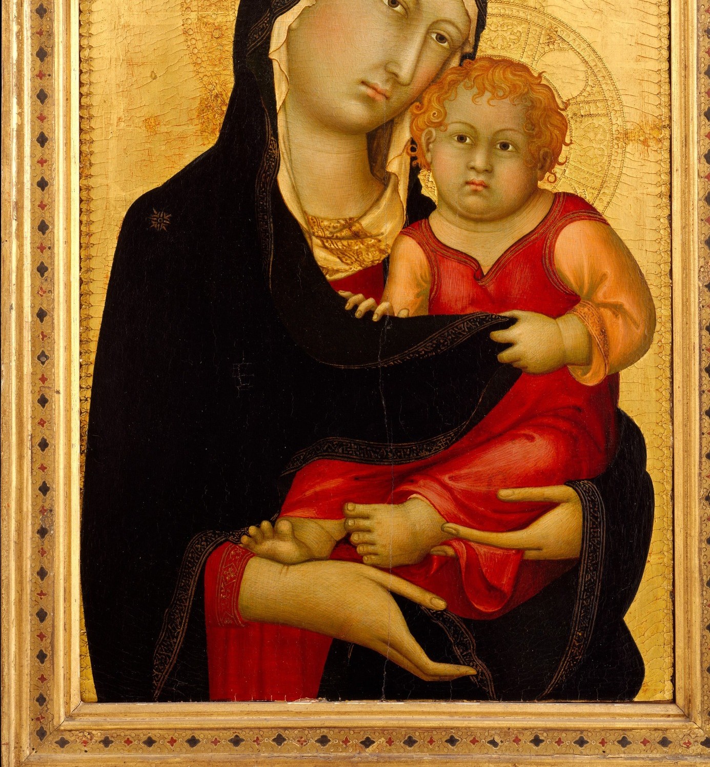 Deep vermillion occupies nearly two-thirds of the panel; red here prefigures the Passion, so every fold of cloth functions as a symbolic veil draped over future suffering.