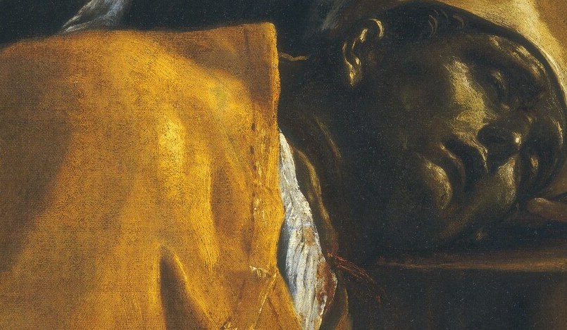The serene, almost resigned expression on his face contrasts with the violence of his execution, highlighting his faith.