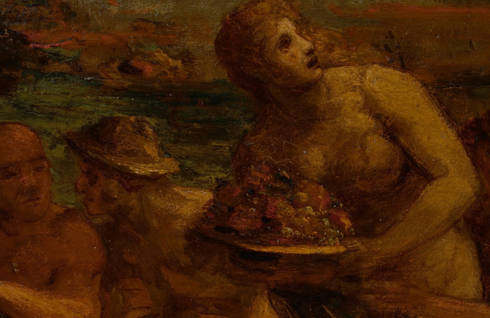 The golden light spotlights a feast of earthly pleasures.