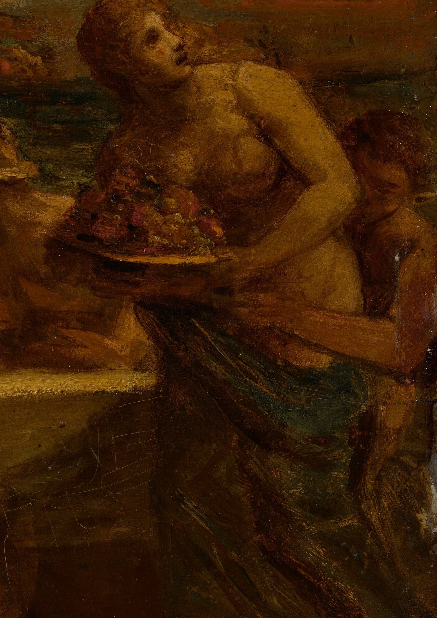In this painting, look at the woman in red.