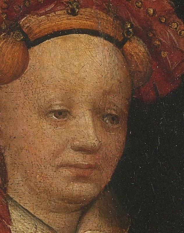 The tall, ornate hat with its feathered trim and small ornament signifies status and fashion of the period.