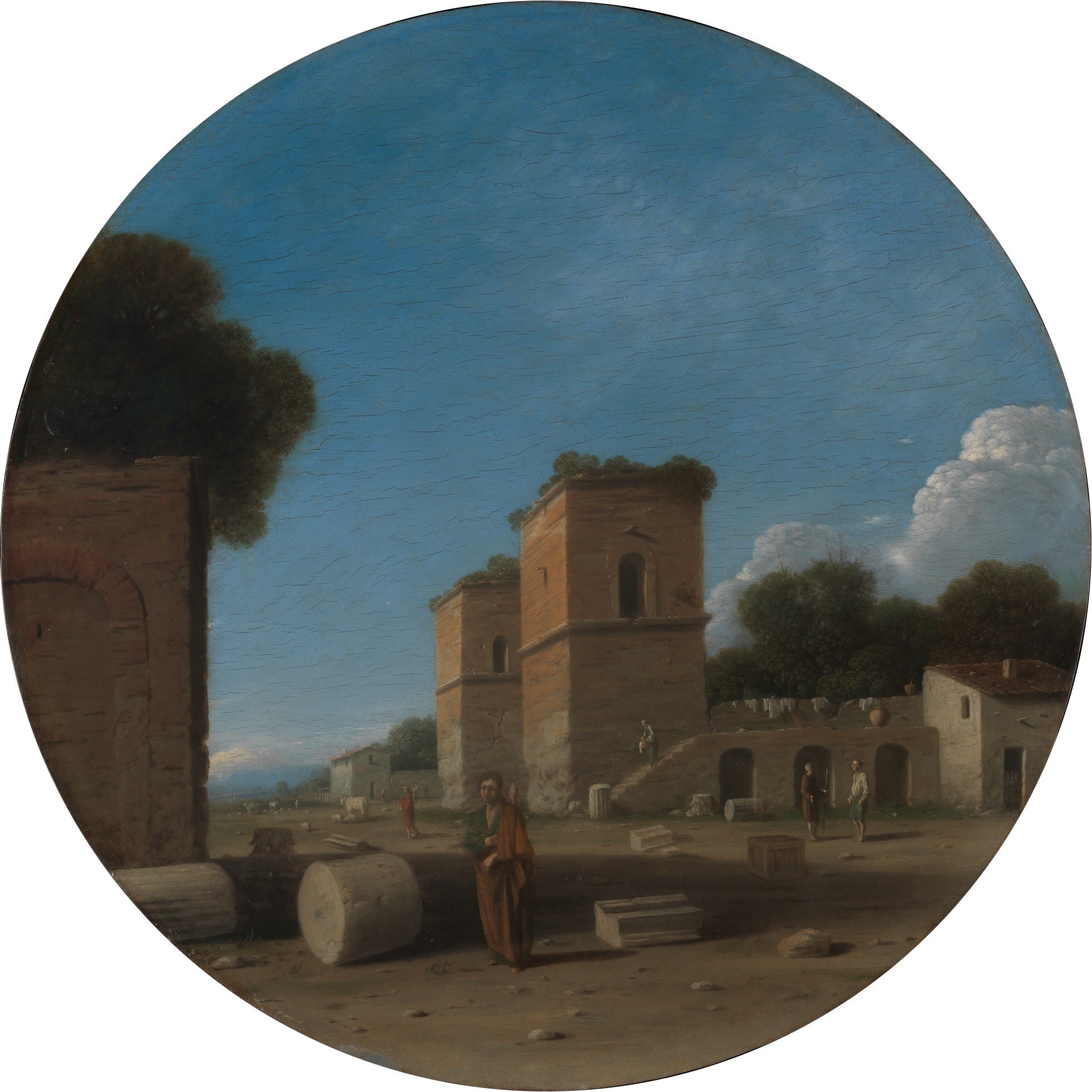 The circular format, unusual for landscapes, concentrates the composition and links the work to cabinet-piece Flemish tradition , the copper support reinforces this intimate collector's-object character