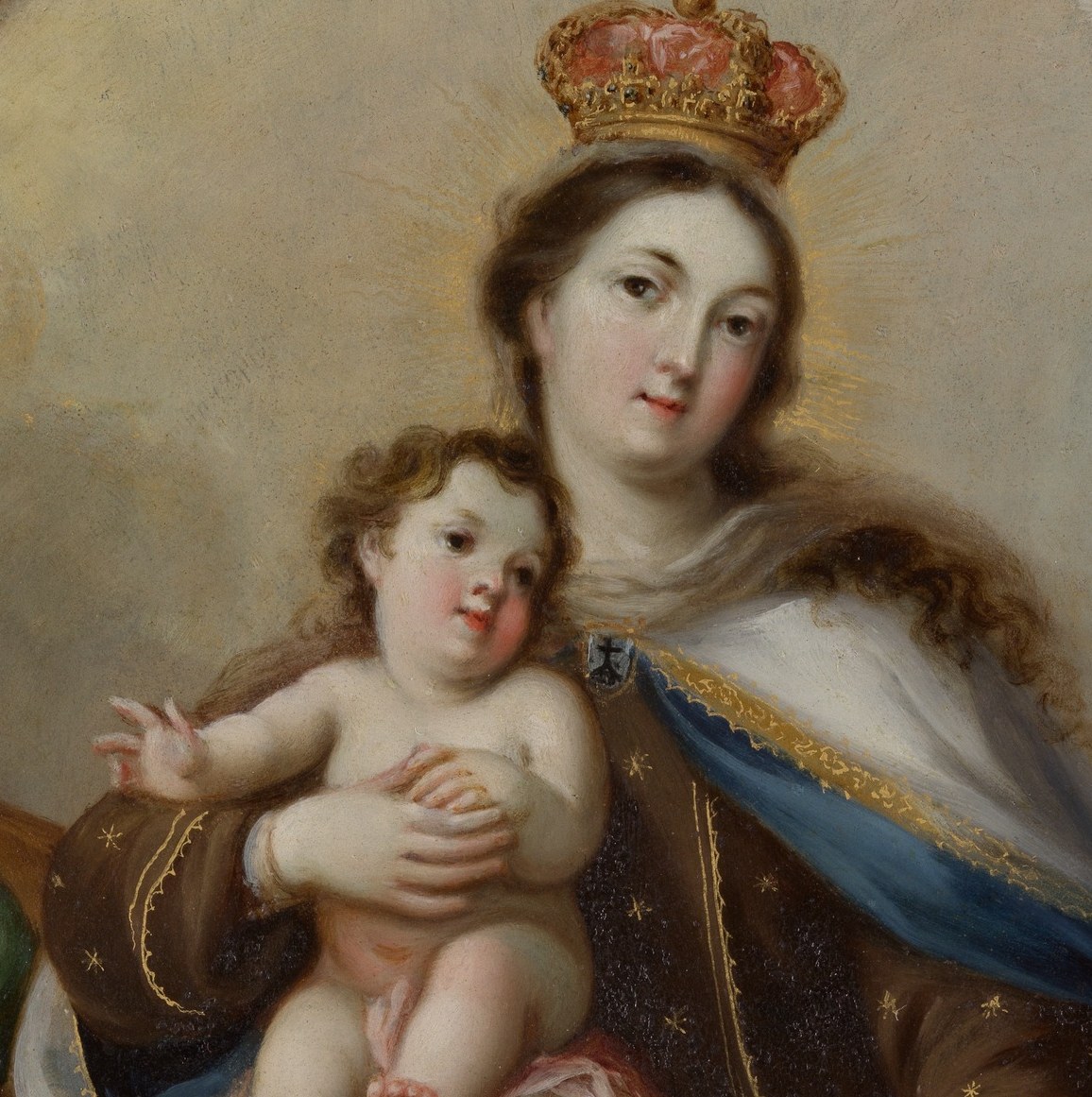 Her downward, serene gaze directs the entire theological argument , she looks toward the souls below, not at the viewer, casting herself as mediator rather than icon.