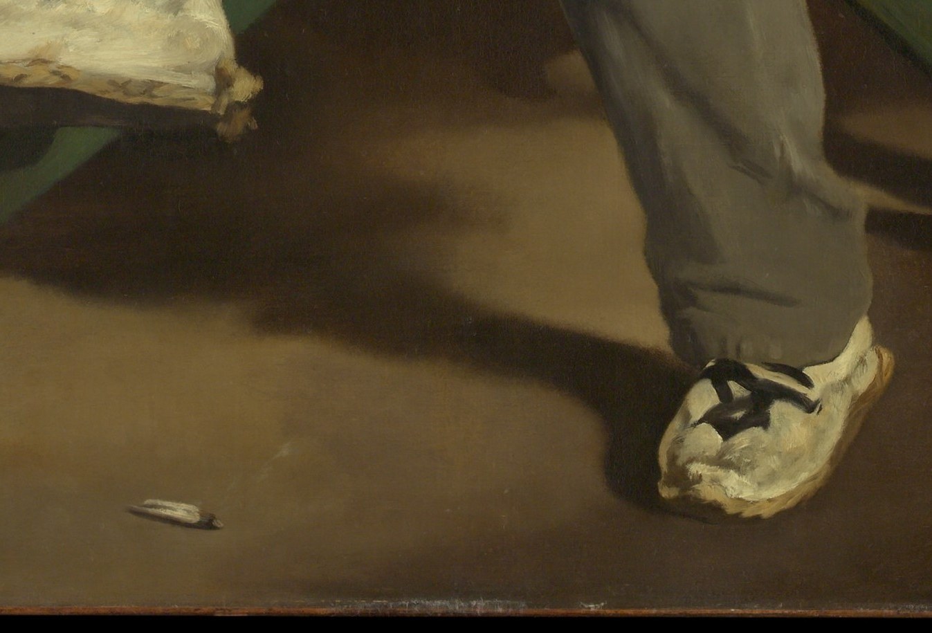 Manet's deliberate placement of luminous white shoes at the picture's base is a compositional anchor , critics like Gautier noted his daring use of sharp tonal contrasts.