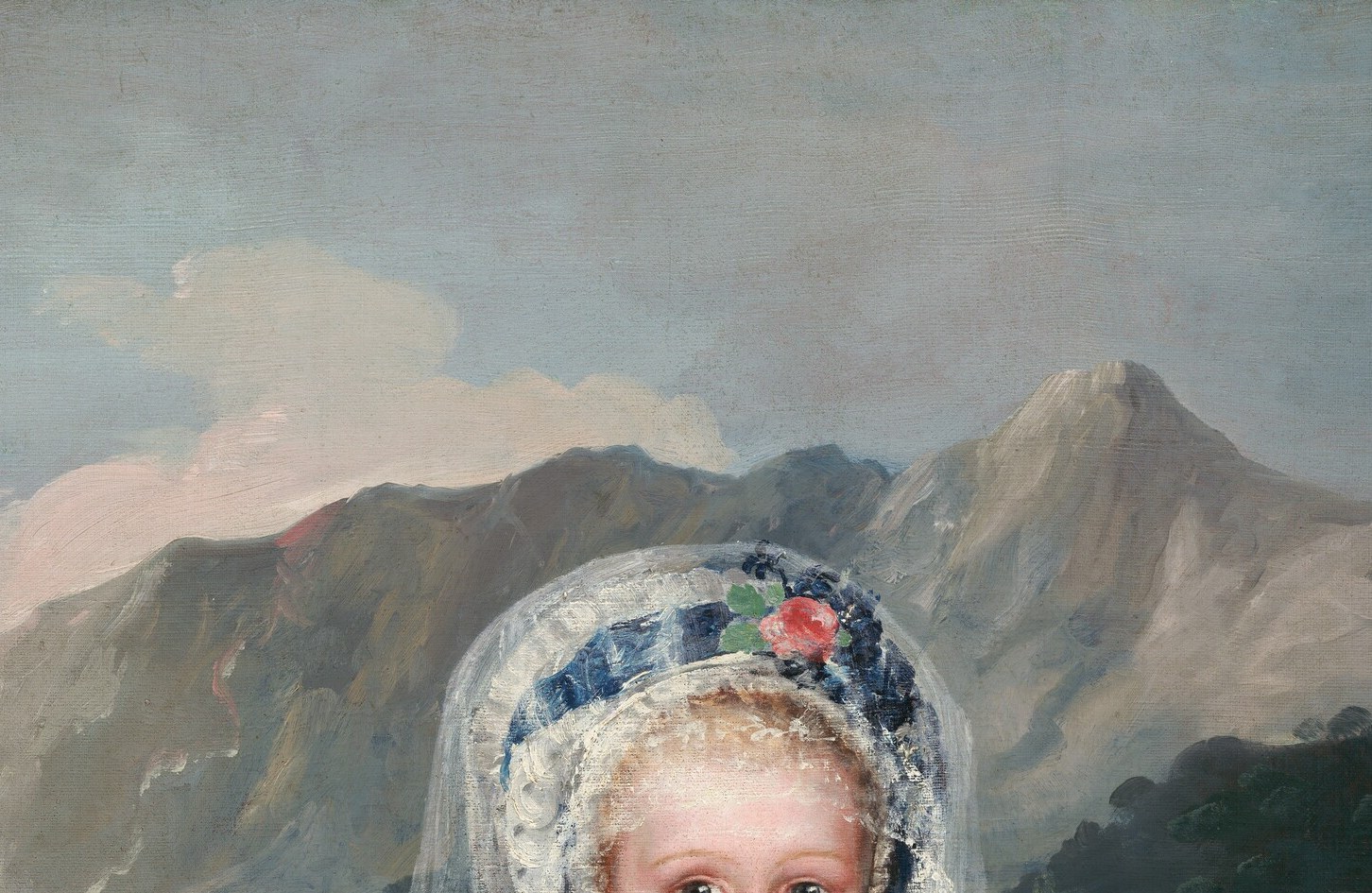 Rococo confection of silk flowers and translucent lace pinned to white hair powder; signals aristocratic rank and the fashionable French influence at the Spanish court.