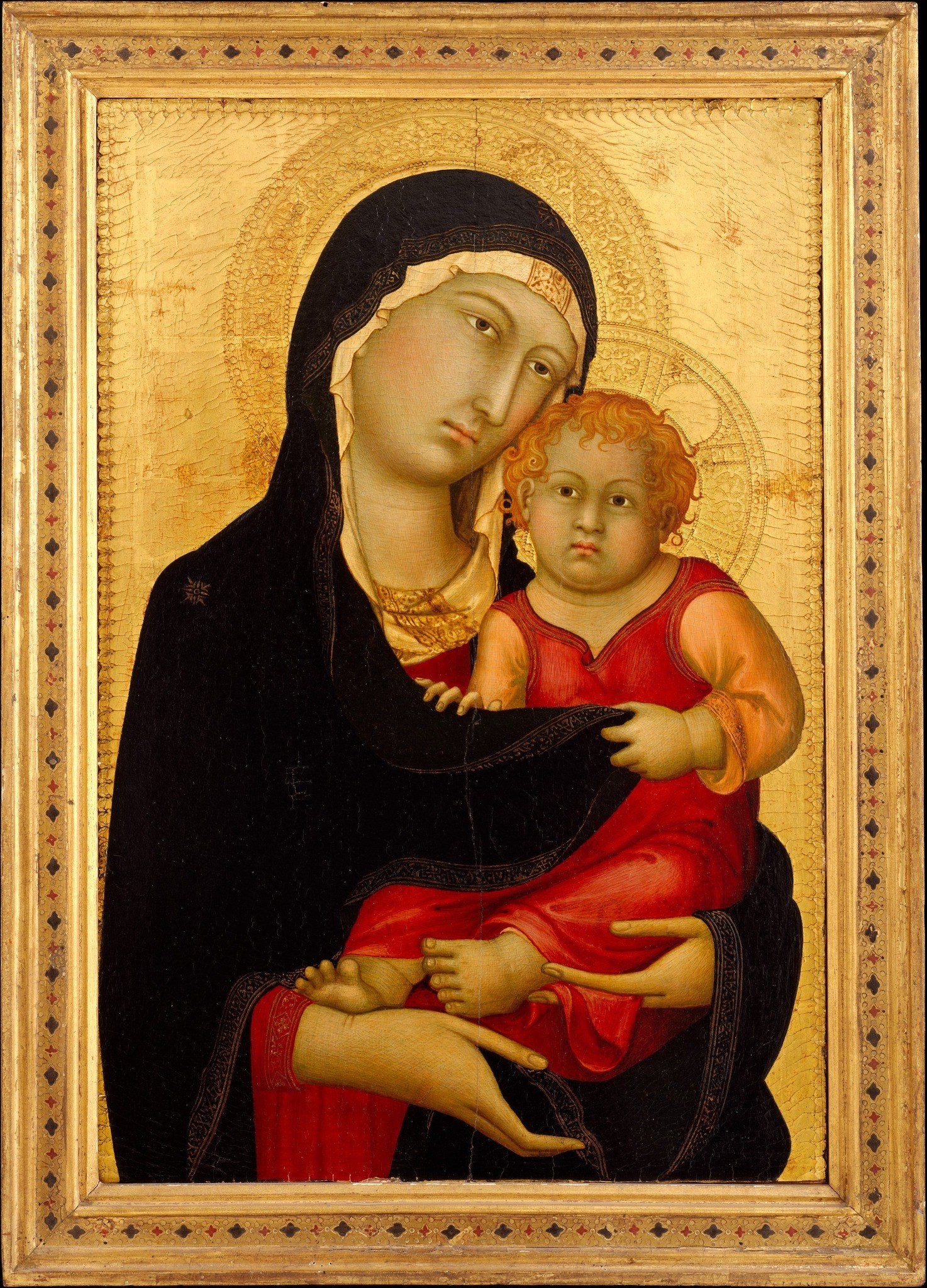 The heavy 19th-century-style gilt frame is not original to the 1326 panel but frames the image for a modern audience; its presence reminds us that the painting's current presentation is a curatorial construction, not Martini's own.