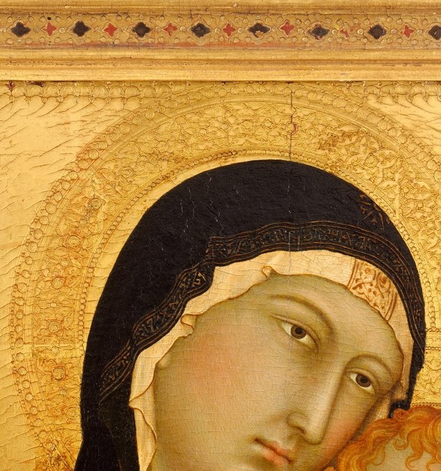 Simone Martini's signature elongated Gothic features , high forehead, arched brows, composed melancholy , epitomize Sienese courtly devotion; the slight downward tilt toward the child creates a private tenderness.