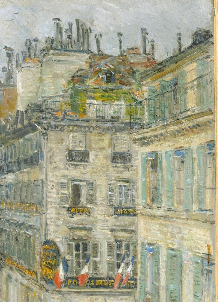 A second wall of flags mirrors the left; together they create a canyon of color that frames the street , Hassam's signature 'flag picture' device