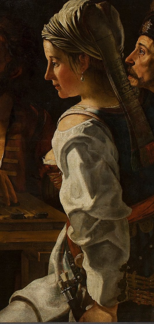 Her profile and gaze suggest a detached observation of the unfolding drama.