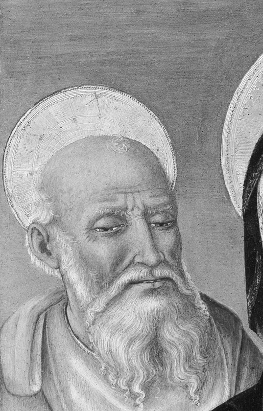 Dramatically contrasts with every other face in the panel , deep-set eyes and weathered features mark him as the desert ascetic, visually aging him decades beyond the women flanking him