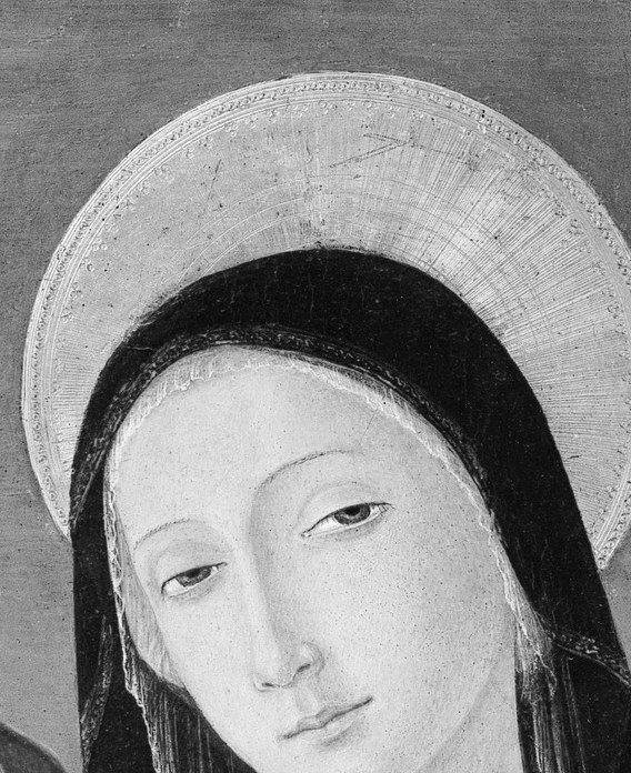 Spiritual axis of the entire composition; her downward gaze and composed stillness model devotional calm , the viewer's eye returns here repeatedly