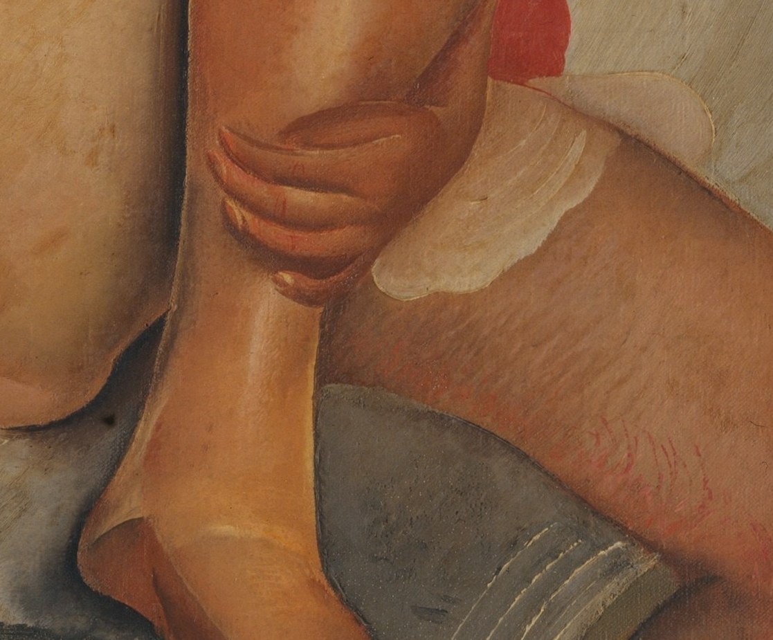 The thick brushstrokes create a palpable texture in her skin.