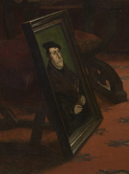 Before him, a portrait of Martin Luther.