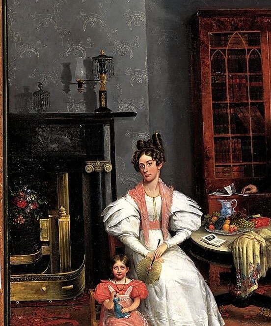 The exaggerated leg-of-mutton sleeves are the height of 1833 fashion , a deliberate sartorial marker proving the family had access to current European style, not economic marginality.