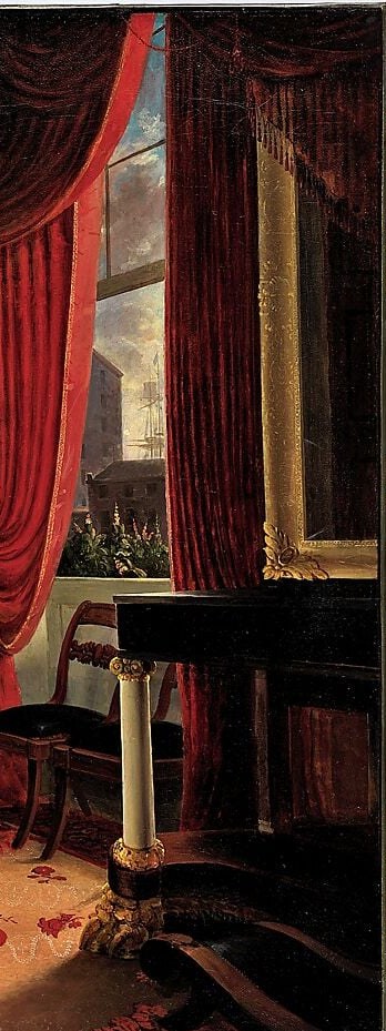 A theatrical prop universally associated with upper-class European and American portraiture; its inclusion is a citation , the family knows the grammar of elite portrayal and deploys it deliberately.