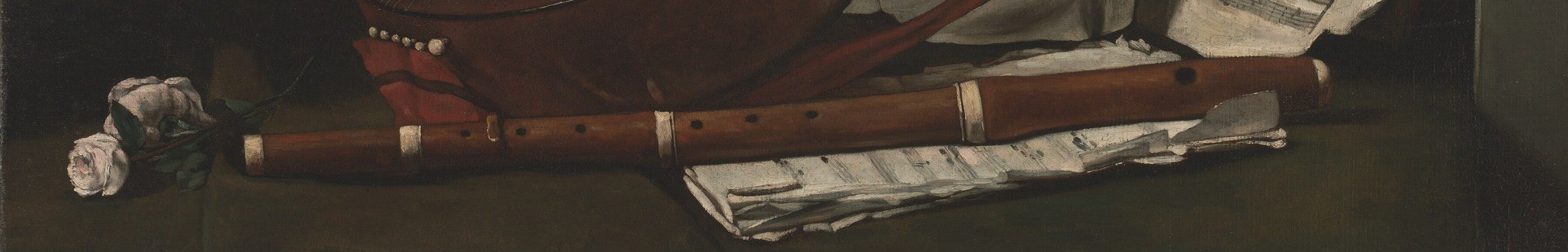 Its horizontal placement cutting across the composition grounds the eye; the recorder lies as if just set down mid-performance, reinforcing the theme of interrupted music.