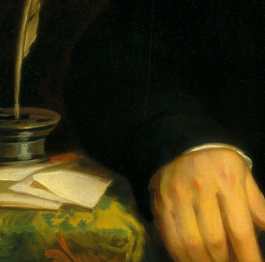 Look at his left hand, resting near the documents of his trade.