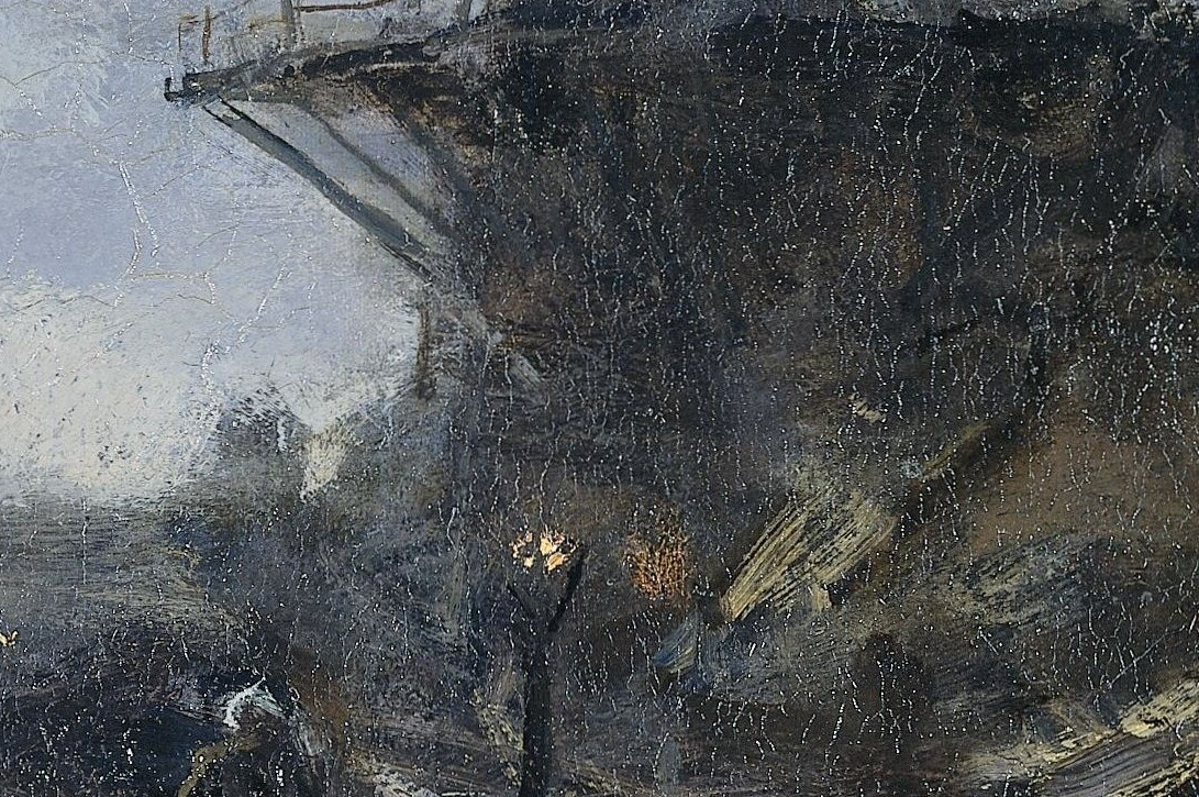 He built up thick, impasto paint for the windmill's wood.