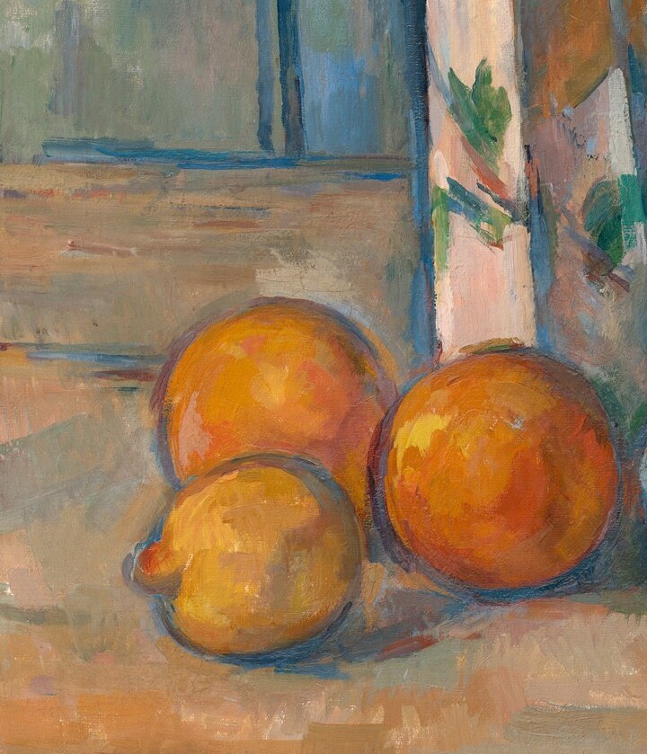 These loosely grouped spheres show Cézanne's constructive brushwork , short parallel strokes model volume without blending, building form through color temperature shifts