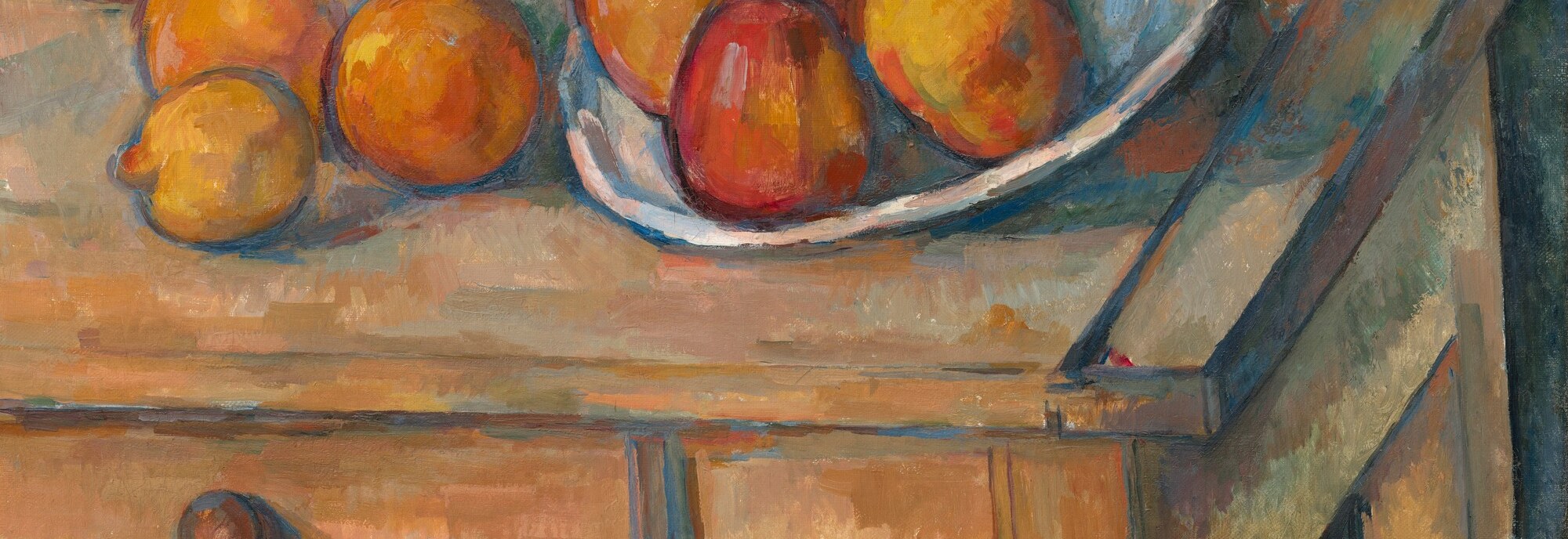 The horizontal plane is rendered with warm brown and ochre strokes that push upward, flattening pictorial space , a deliberate spatial ambiguity Cézanne cultivated