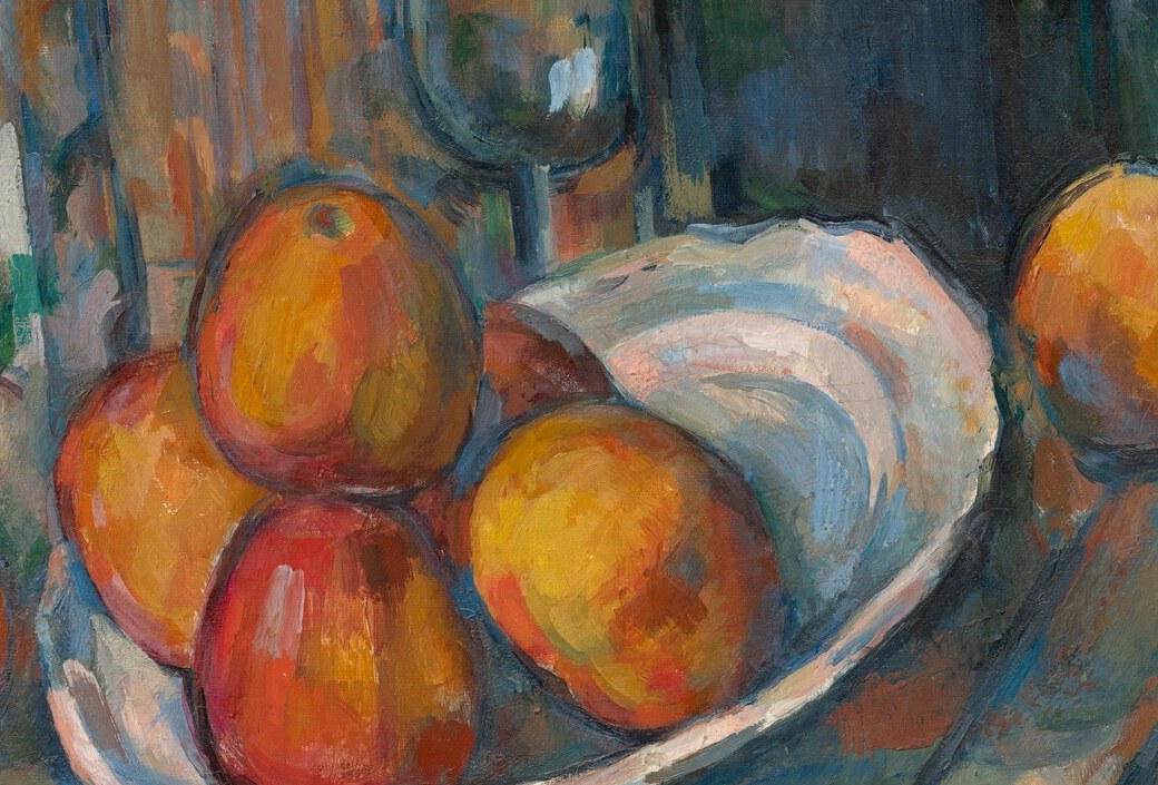 Cézanne's tilted-plane technique is visible here , the ellipse of the dish is geometrically distorted to show multiple viewpoints simultaneously, a hallmark of his proto-Cubist approach