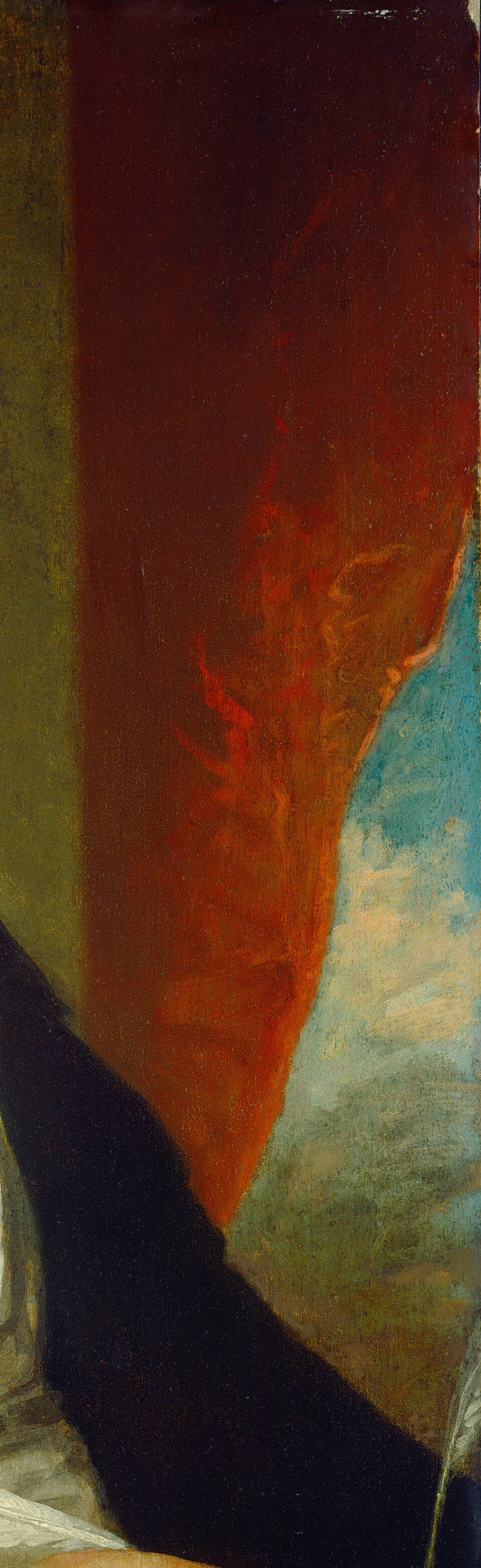 A theatrical convention borrowed from European Grand Manner portraiture; the saturated red warms the composition and signals elevated status , its brushwork is broader and freer than the face.
