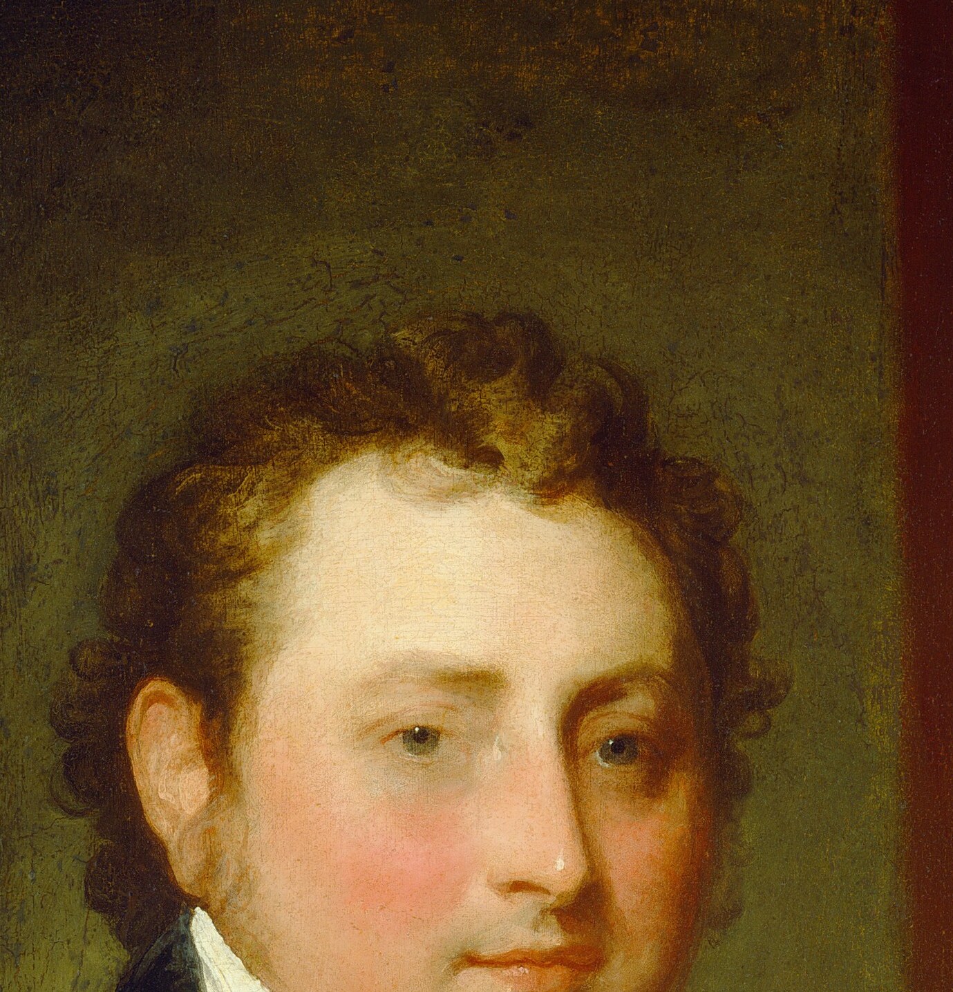 His face, as always with this painter, is intensely lifelike.