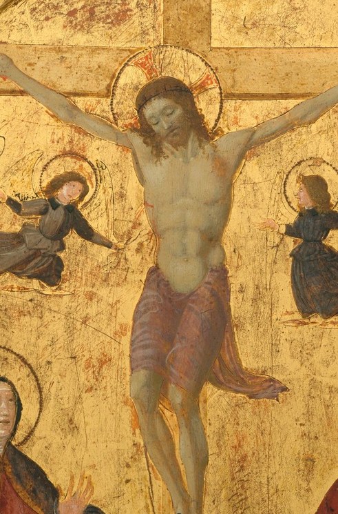 It shows Christ on the cross, serene despite his suffering.