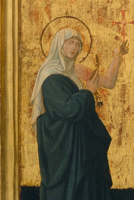 The mourners below show a range of human grief and devotion.