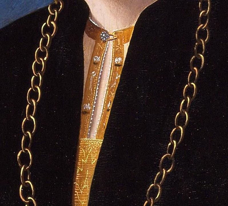 The heavy, ornate necklace emphasizes her social standing and the artist's skill in rendering metallic textures.