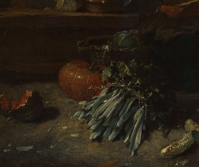 Here he paints humble things: a cabbage, a basket, a worn cloth.