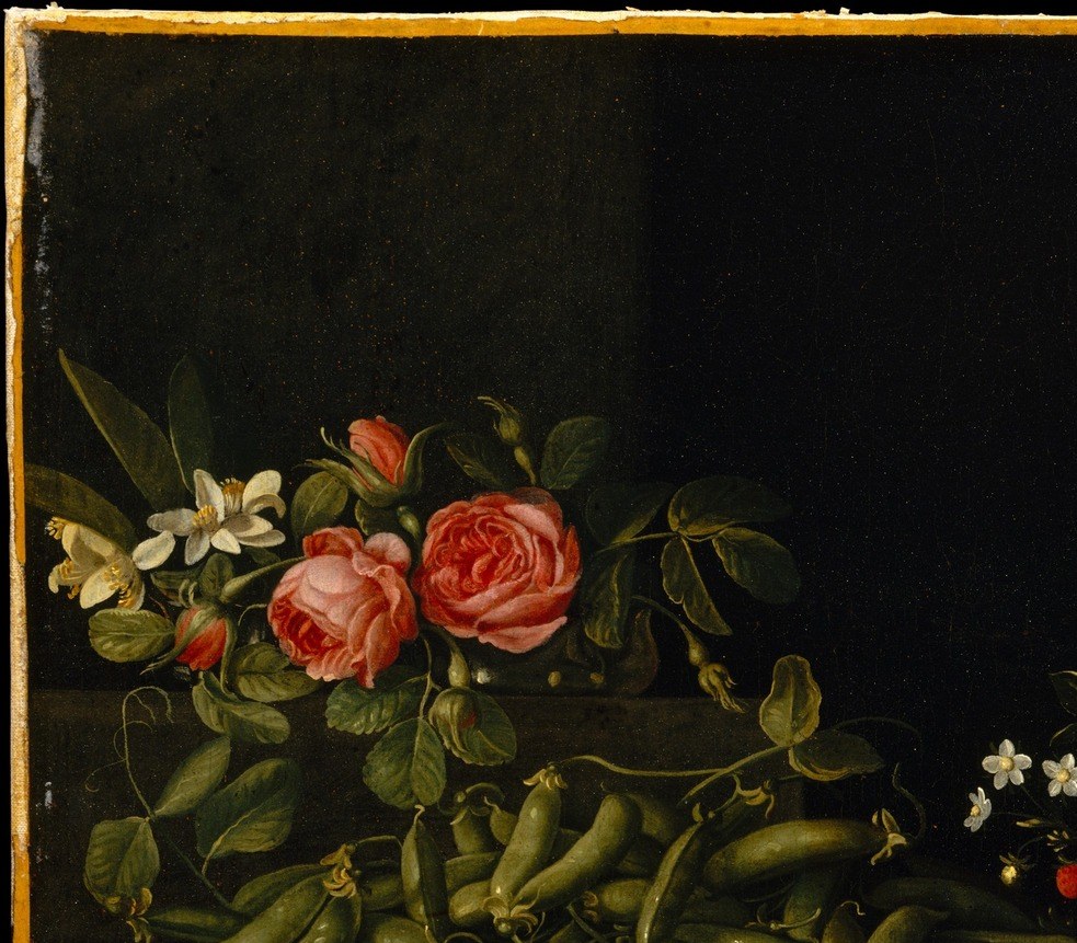 Densely rendered petals in various stages of opening show the painter's command of tonal layering; roses at peak bloom underline the vanitas theme of impermanence.