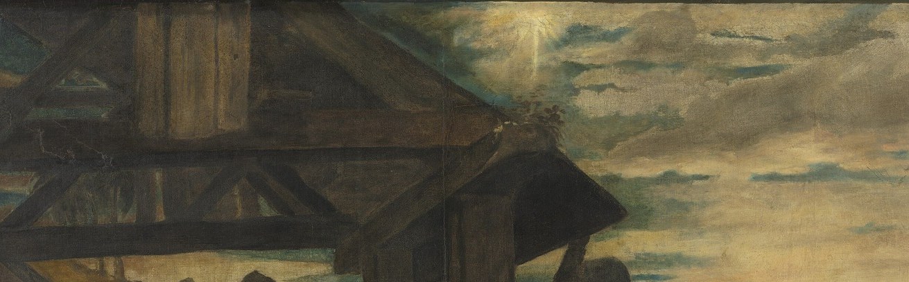 Frames the scene like a cave-nativity, the oldest iconographic form of this subject; its deep shadow creates the chiaroscuro that sets off every lit figure below