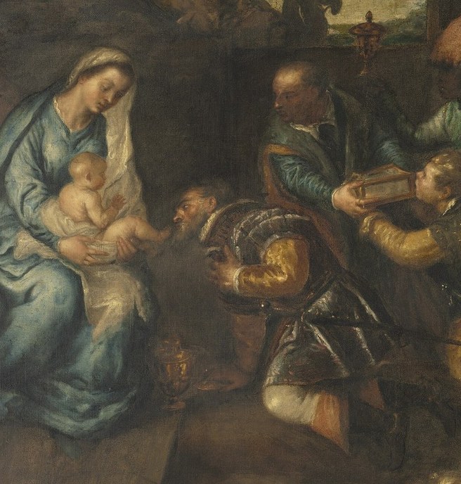 The humbling of worldly power before divine infancy , his lowered gray head and outstretched offering carry the devotional weight of the entire scene