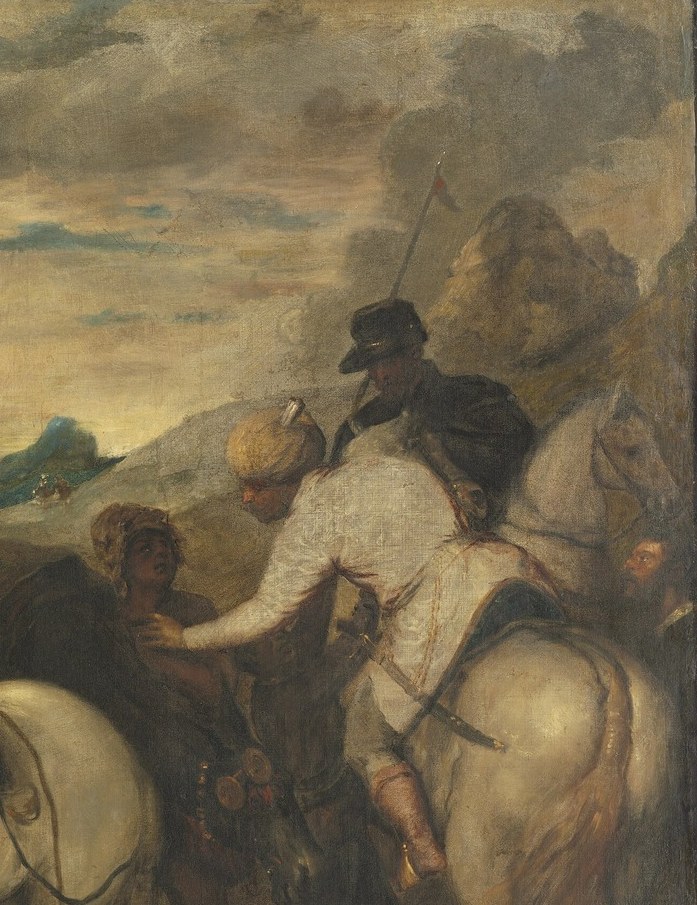 Closes the procession at the scene's edge; his elevated posture and the horse's silhouette create compositional rhyme with the white horse at center, bookending the adoration