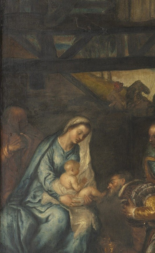 The scene's emotional anchor; her downward, absorbed gaze and sheltering posture pool into Venetian warm shadow , a quiet counterweight to the crowded procession behind her