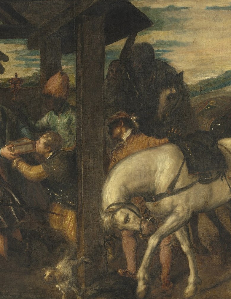 The picture's most vitally painted passage per the workshop record; the animal's dipped neck formally echoes the kneeling Magus, suggesting even beasts submit , exceptional Venetian bravura on white pigment against shadow