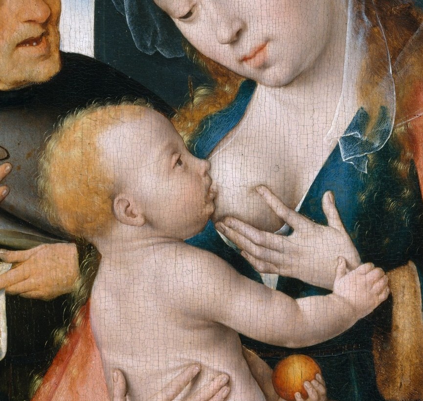 The Virgo Lactans motif , Christ's plump, living body pressed against Mary grounds divinity in radical physical humanity.