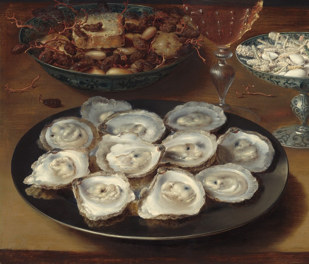 Compositional anchor and symbolic heart , oysters were a Flemish emblem of sensory indulgence; the pile of shells signals abundance spilling toward the viewer