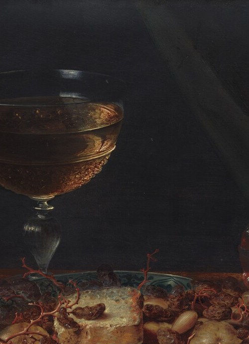 Virtuoso transparent glass rendering , the wine's color and stem's green tint show Beert's command of light through vessel walls