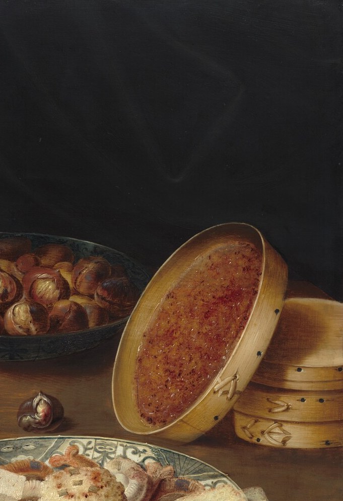 Rough organic texture deliberately contrasted against polished metal and glass , Beert uses it to show he can paint any surface; also grounds the scene in domestic reality